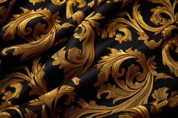 A detailed close-up view of a fabric with a black and gold color combination. This image can be...