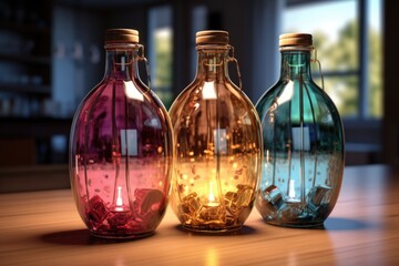 Obraz na płótnie Canvas Three colorful glass bottles sitting on top of a wooden table. This image can be used for home decor, interior design, or still life photography projects.