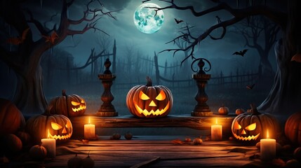 Halloween Pumpkin Head with Burning Candles in a Spooky Forest, Full Moon and Pumpkins in a Scary Halloween Night, Halloween Background

