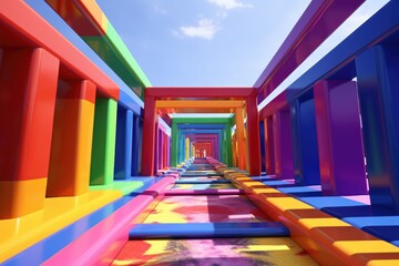 A vibrant and brightly colored hallway that leads to a beautiful blue sky. This image can be used to depict a sense of optimism, freedom, and new beginnings.