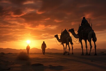 A group of people riding on the backs of camels. Perfect for travel and adventure-themed projects.