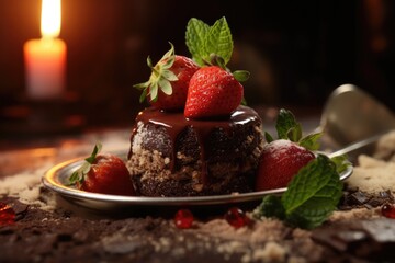 A delicious chocolate cake topped with fresh strawberries on a plate. Perfect for celebrations and dessert lovers.