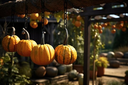 A bunch of pumpkins hanging from a tree. This image can be used for Halloween decorations or autumn-themed designs.