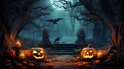 Halloween Pumpkin Head with Burning Candles in a Spooky Forest, Full Moon and Pumpkins in a Scary Halloween Night, Halloween Background
