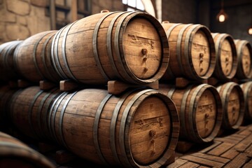 A bunch of wooden barrels stacked on top of each other. This versatile image can be used to depict storage, vintage items, wineries, or rustic decor.
