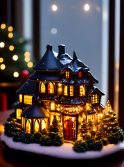 Fototapeta na wymiar Christmas ceramic house cozy candle long shot