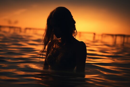 A woman standing in a body of water at sunset. This image captures the serene beauty of nature and the peacefulness of the moment. Perfect for use in travel brochures, relaxation-themed websites, and 