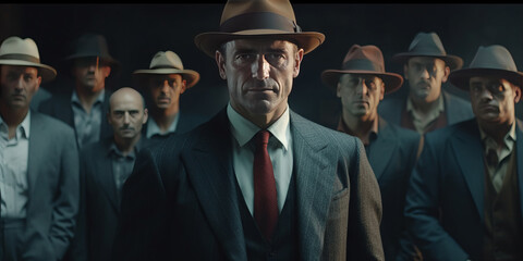 A man in old fashion gangster style surrounded by people. - obrazy, fototapety, plakaty