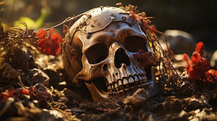 Amidst the rugged wilderness, a lone skull rests in the dirt, its bleached bones whispering tales of survival and untamed freedom
