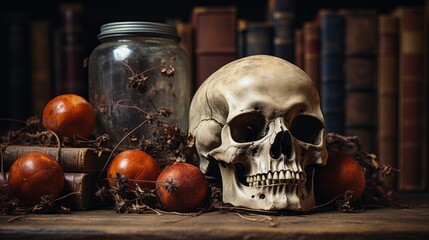 A haunting still life of mortality, as a skull and a jar of preserved fruit sit in silent contemplation on an indoor table