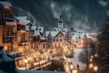 Charming winter village amidst festive European landscape brings the joy of New Year's celebration. Generative AI