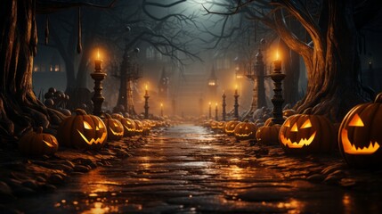 A hauntingly beautiful path illuminated by glowing pumpkins and flickering candles, winding through the dark and mysterious forest on a magical halloween night - obrazy, fototapety, plakaty