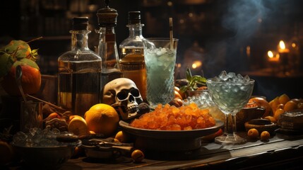 An eerie scene of contrasts emerges as a macabre skull rests upon a table adorned with vibrant oranges, a bottle of wine, and a selection of harvest vegetables