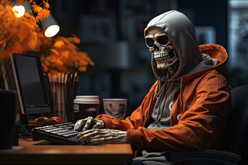 esqueleto en oficina disfrazado con capucha escribiendo en ordenador, concepto halloween - obrazy, fototapety, plakaty
