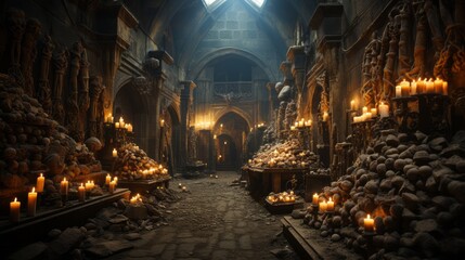 Amidst the bustling winter city streets, a church stands tall with a stone wall and a room filled with flickering candles, illuminating the ground with warm light - obrazy, fototapety, plakaty