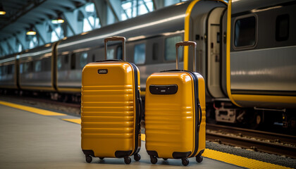 Well-lit, new suitcases by train ready for travel. Clean, empty platform generative ai - obrazy, fototapety, plakaty