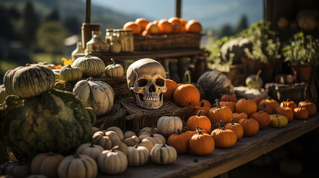 Amidst a bountiful harvest of cucurbits, a lone skull perches atop a table, presiding over the outdoor feast of gourds and pumpkins, embodying the wild and whimsical spirit of halloween in the