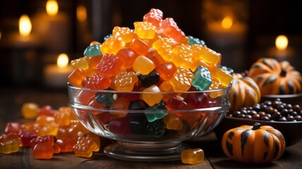 A vibrant bowl of halloween gummy candies, bursting with confectionery sweetness and indoor indulgence, surrounded by tangy oranges, beckoning for a delicious dessert adventure