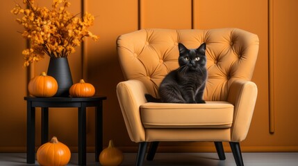 A regal feline lounges on a chair, surrounded by the cozy comforts of an indoor oasis, as a curious pumpkin perches on the wall and a loyal dog rests on the floor