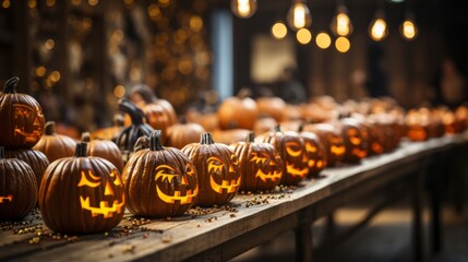 A festive display of autumnal vegetables, adorned with intricate carvings and basking in the crisp outdoor air, evokes a sense of halloween whimsy and the rich harvest of fall - obrazy, fototapety, plakaty