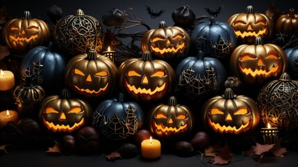 A haunting gathering of glowing cucurbits, adorned with flickering candles and accompanied by fluttering bats, sets eerie mood for wild halloween night filled with trick-or-treating