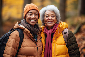 mujeres sonrientes con ropa de invierno posando en un bosque con fondo otoñal desenfocado - obrazy, fototapety, plakaty