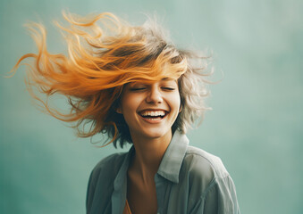 A young, smiling, and confident girl with ombre turquoise and orange hair, which the wind is blowing in various directions.