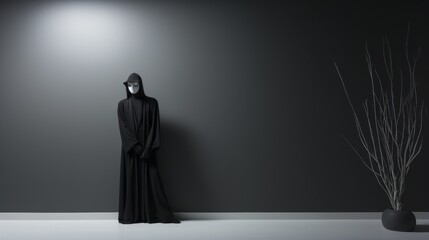 A mysterious figure cloaked in a black robe and mask stands motionless, like a living statue against the stark white wall, their presence adding an air of intrigue and artistry to the indoor space - obrazy, fototapety, plakaty