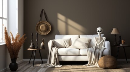 A lone skeleton lounges on a stylish loveseat, surrounded by intricate wall designs and delicate vases, as a cozy cushioned couch awaits its next guest in the indoor room - obrazy, fototapety, plakaty