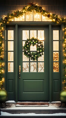 Festive Christmas natural home porch decoration with pine wreaths and garlands, vertical format