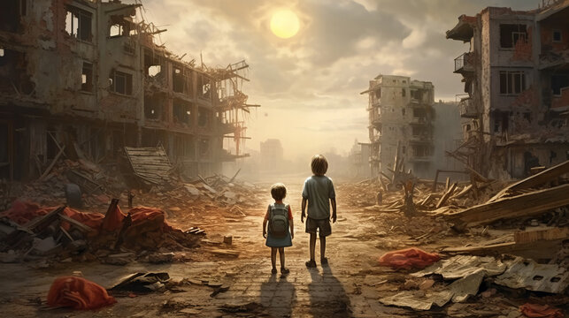 Children without a home, apocalypse, war,hyper realistic