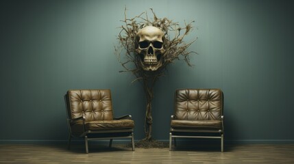 The rustic charm of the indoor setting is heightened by the juxtaposition of a weathered skull and antique chair against a barren tree, creating an eerie yet captivating work of art