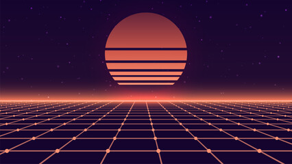 Abstract futuristic background in retro style. Digital perspective grid landscape with sun of the 80s. Wireframe vector illustration. - obrazy, fototapety, plakaty