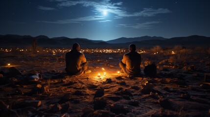 Under the starry night sky, two individuals find solace in the desert heat, their small lights illuminating the rugged mountain terrain as they sit grounded in the wildness of nature - obrazy, fototapety, plakaty