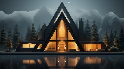 A mystical winter wonderland, with a triangular house perched amidst foggy mountains and towering trees, its large window revealing a reflective lake beneath the starry night sky