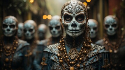A mysterious group dons ornate masks, their bodies adorned with skull jewelry, as they gather around a towering outdoor statue, embodying the enigmatic energy of a masquerade - obrazy, fototapety, plakaty