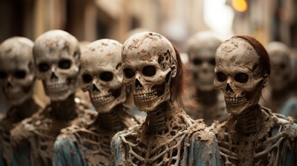 A hauntingly beautiful display of skeletal art, where rows of skulls and bones rest peacefully in the outdoor elements, evoking a sense of eerie serenity - obrazy, fototapety, plakaty