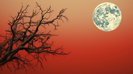 The barren tree stands tall, its naked branches reaching for the moon in the dark sky, a symbol of resilience and longing in the vastness of nature