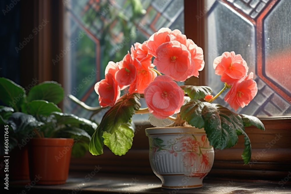 Poster a potted plant sitting on a windowsill next to a window. perfect for adding a touch of nature to any