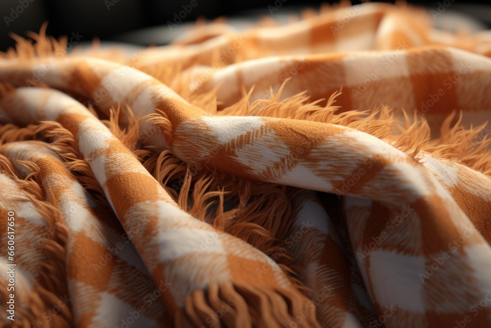 Poster A detailed view of a blanket on a bed. This image can be used to showcase the texture and design of the blanket. Perfect for home decor catalogs or articles about cozy bedroom essentials.