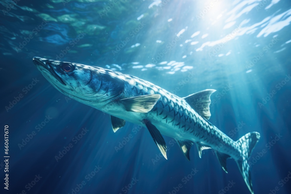 Poster a picture of a big fish swimming beneath the water's surface. this image can be used to depict under