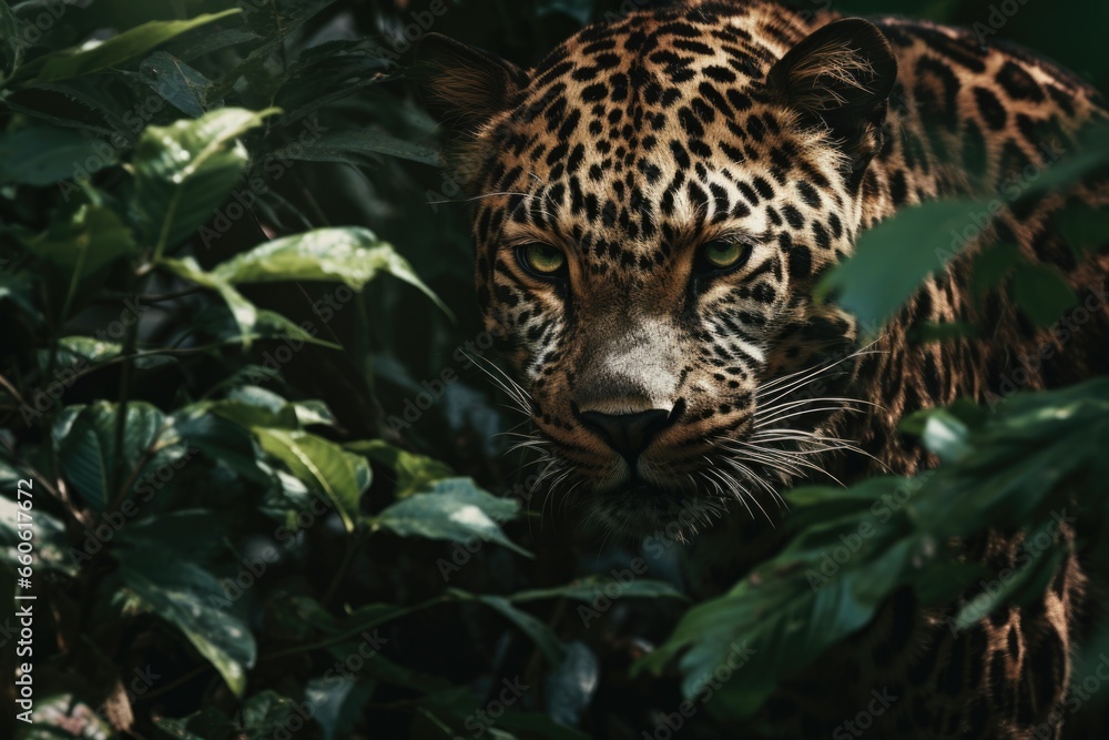 Poster a close-up view of a leopard in its natural habitat. this image captures the beauty and intensity of