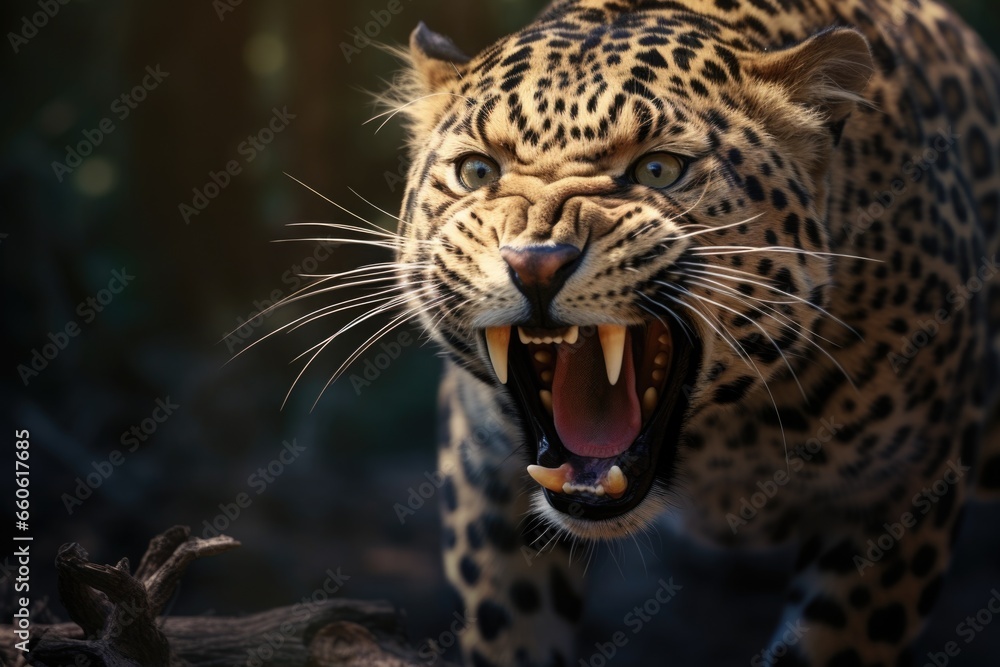 Aufkleber A close-up shot of a leopard showing its open mouth. This image captures the fierce and powerful nature of the leopard. Perfect for illustrating wildlife, predators, and the animal kingdom.