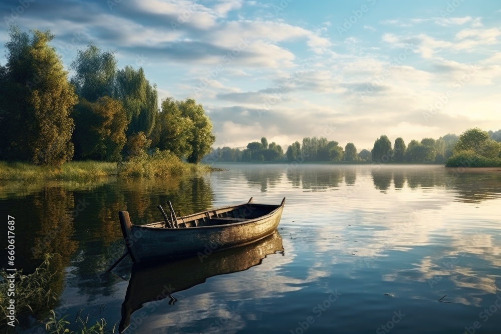 Poster a serene image of a small boat peacefully floating on top of a calm lake. this picture can be used t