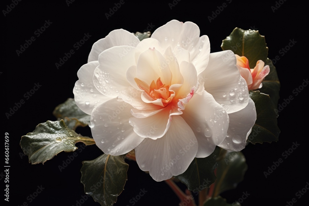Poster a close-up image of a white flower with water droplets. this picture can be used to symbolize purity