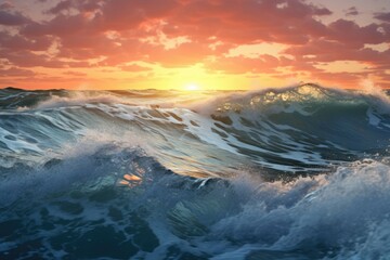 A large wave crashing in the ocean at sunset. Perfect for beach and nature-themed designs.