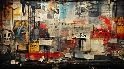 Generative AI, random collage of paper pieces and words, painted wall, street graffiti grunge style