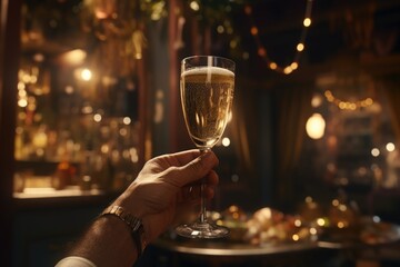 A person holding a glass of wine. Can be used to depict relaxation, celebration, or a social gathering.