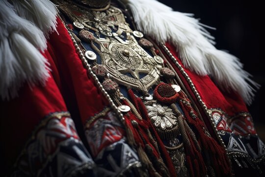 A detailed view of a red and white jacket. This versatile jacket can be worn for various occasions.