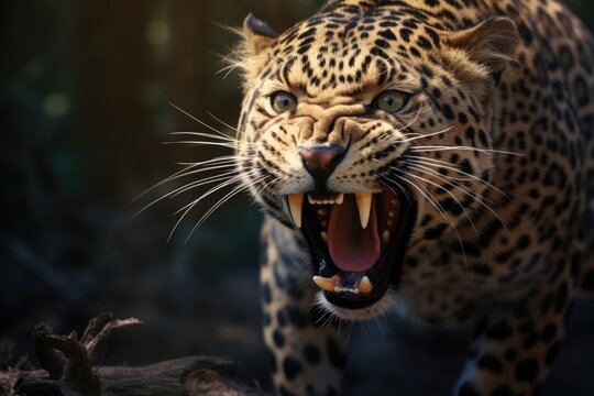A close-up shot of a leopard showing its open mouth. This image captures the fierce and powerful nature of the leopard. Perfect for illustrating wildlife, predators, and the animal kingdom.
